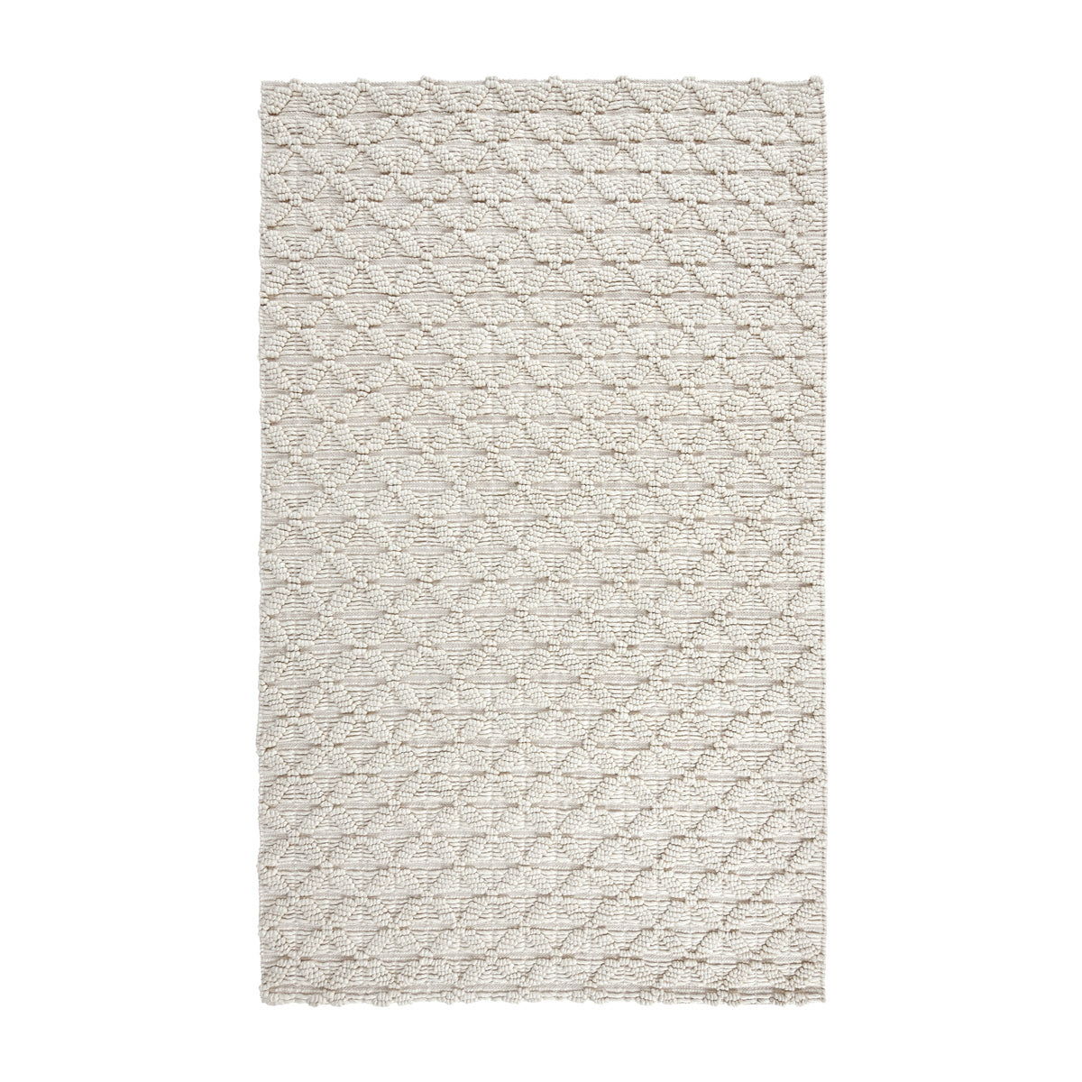Ivory patterned area rug with textured grid design and short pile.