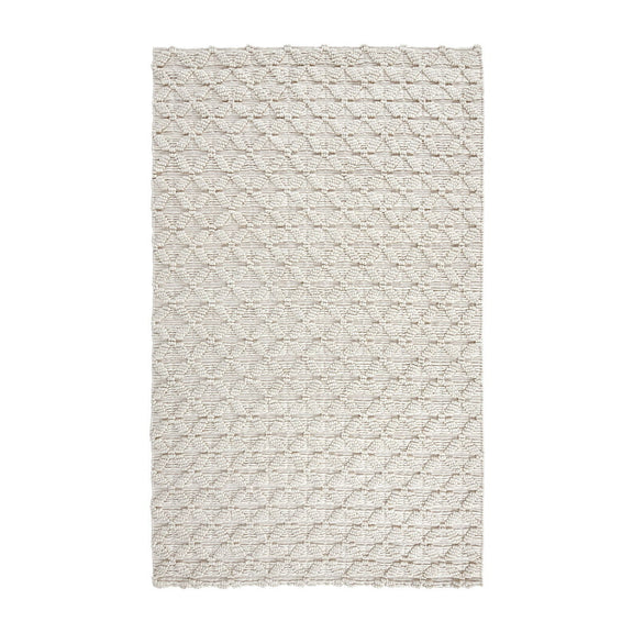Ivory patterned area rug with textured grid design and short pile.
