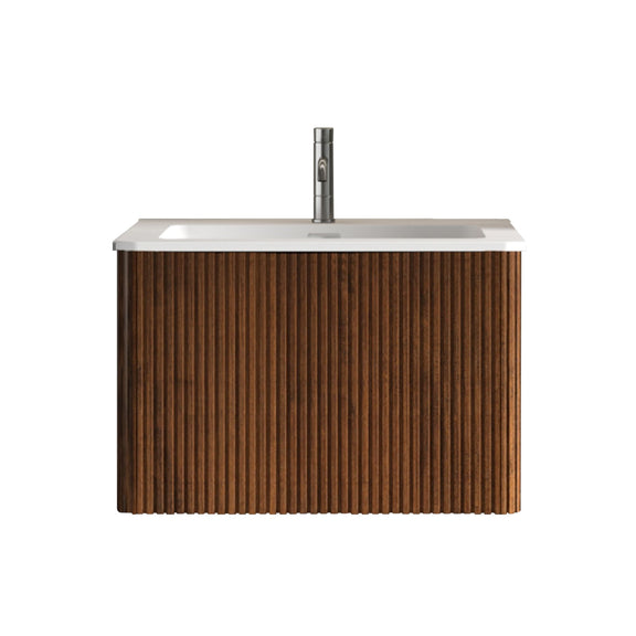 Striped wall-mounted bathroom vanity with ceramic sink, dark brown vertical wood slats