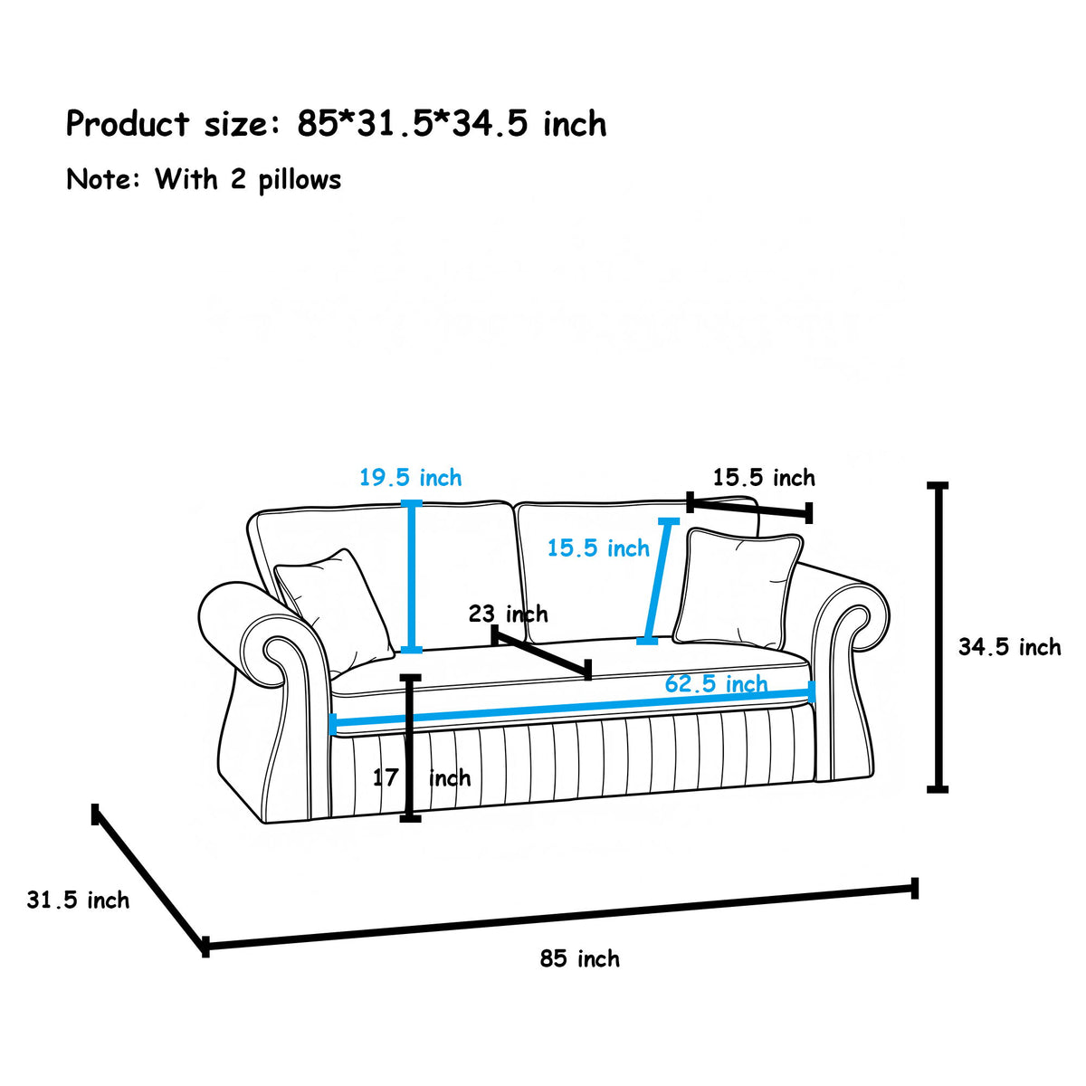 Three-seat sofa dimension diagram showing overall size of 85 by 31.5 by 34.5 inches