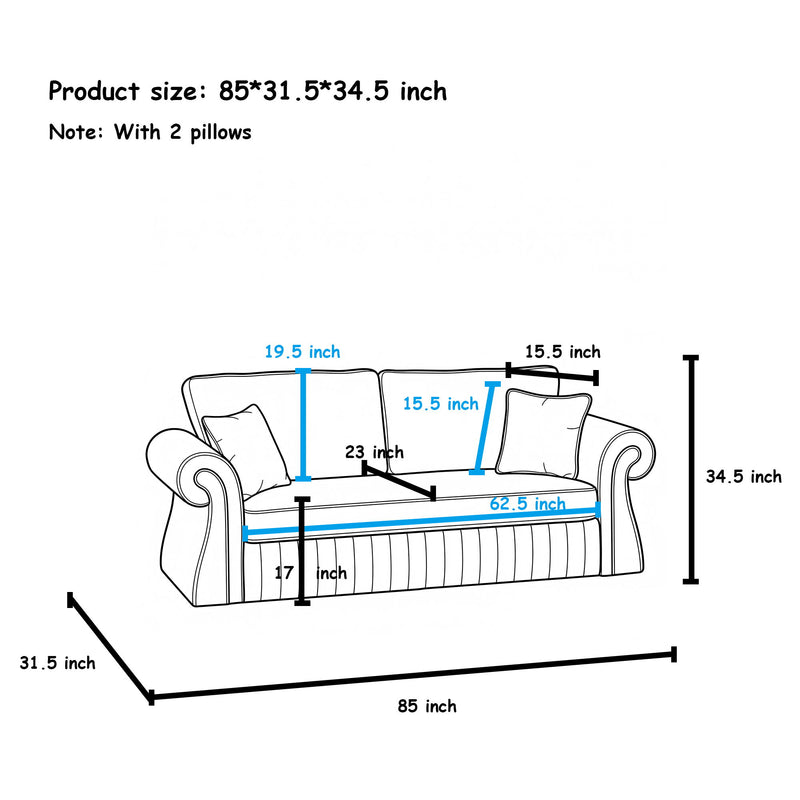 Three-seat sofa dimension diagram showing overall size of 85 by 31.5 by 34.5 inches