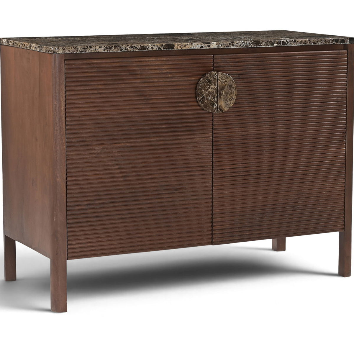 Varenna acacia wood sideboard, dark brown, 2-door cabinet with ornate center pulls