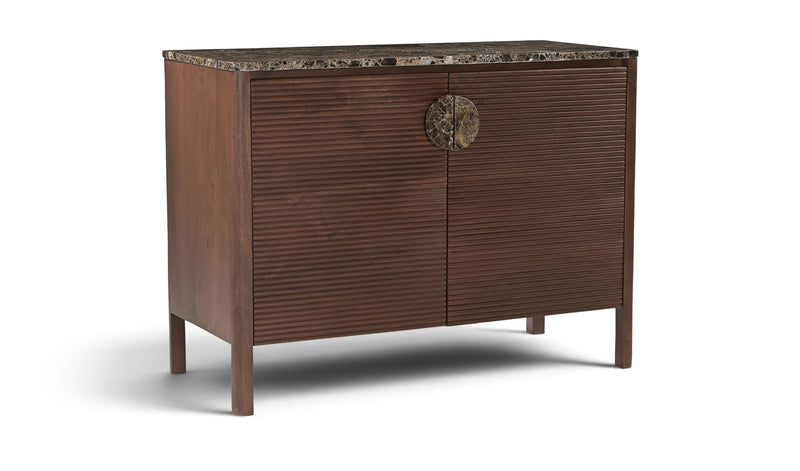 Varenna acacia wood sideboard, dark brown, 2-door cabinet with ornate center pulls