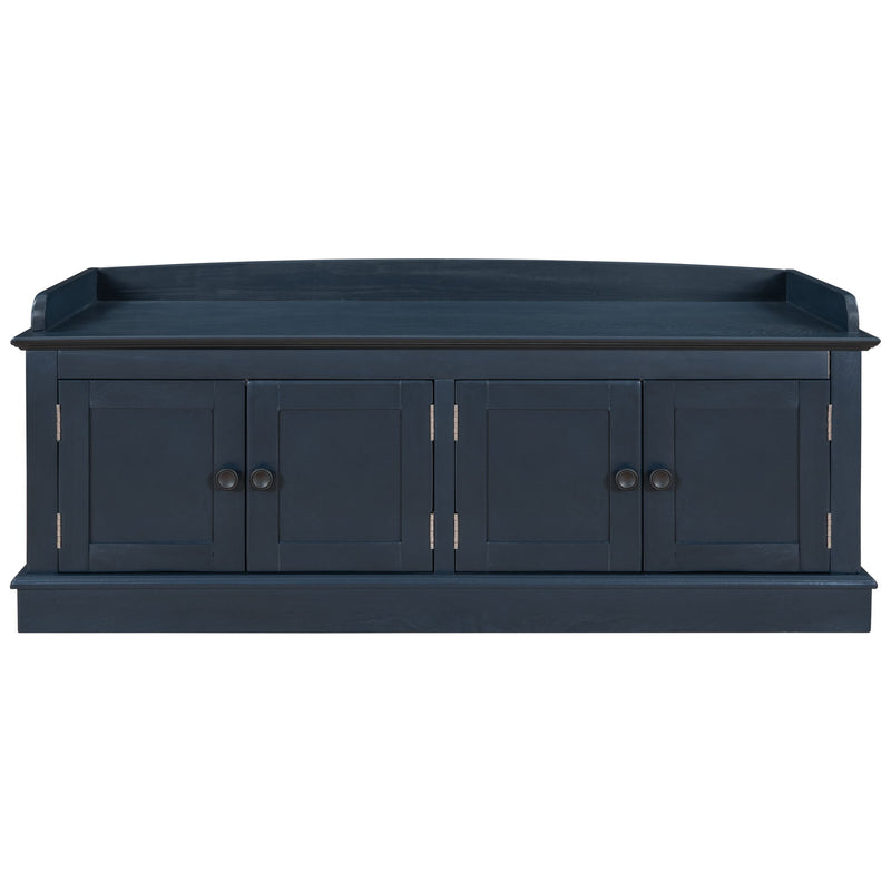 Blue storage bench with four paneled doors and a raised back edge