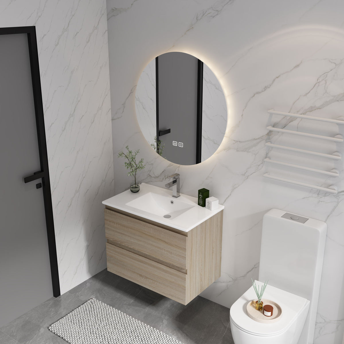 Wall-mounted bathroom vanity cabinet with white sink and two drawers, light brown