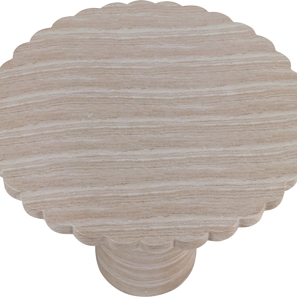 Light wood grain table top pedestal with scalloped edge and circular base
