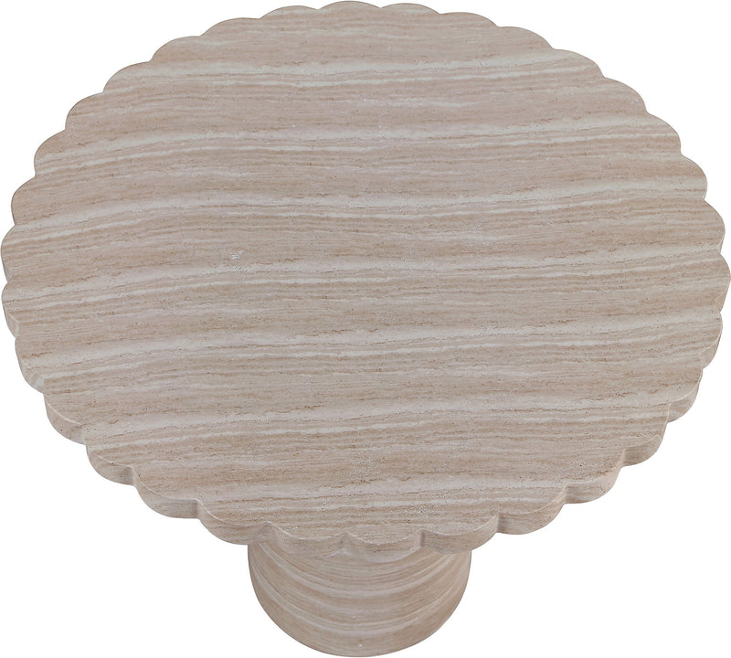 Light wood grain table top pedestal with scalloped edge and circular base