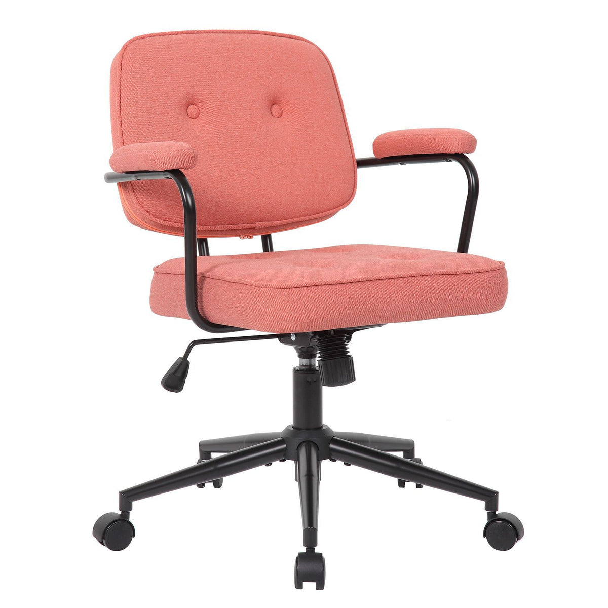 Pink upholstered swivel office desk chair with curved armrests and caster wheels