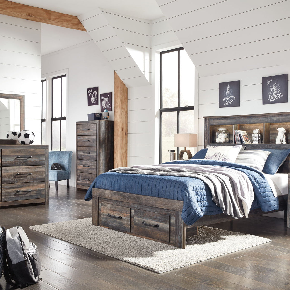 Panel bookcase bed with dark wood finish, open headboard shelving, and side drawer storage