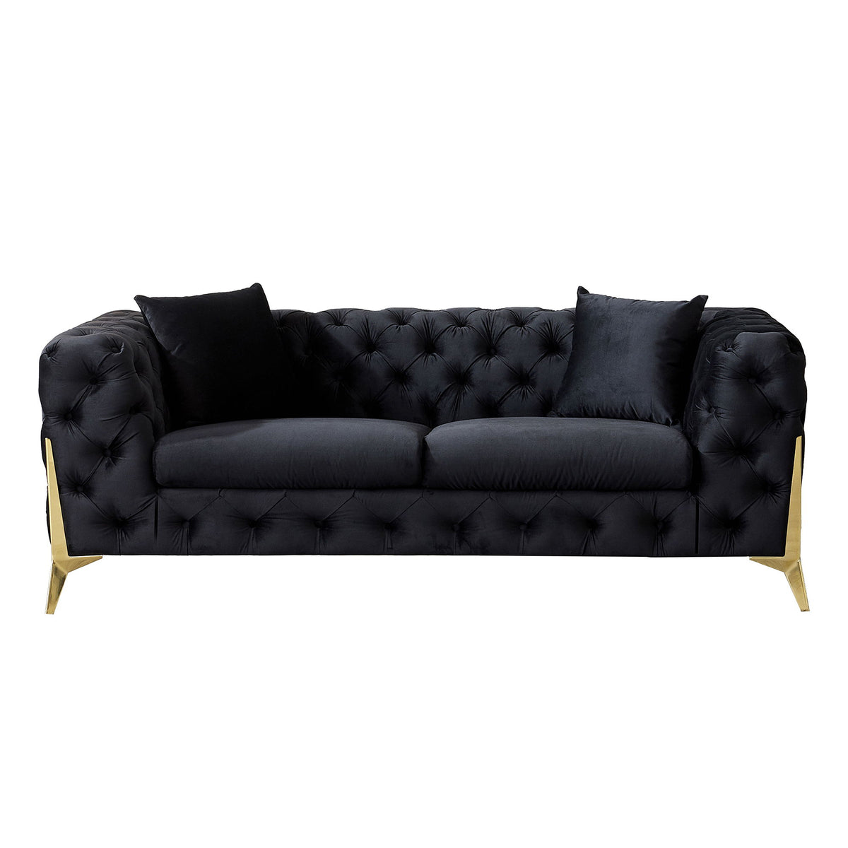 Black velvet loveseat with diamond button tufting and two throw pillows, gold legs
