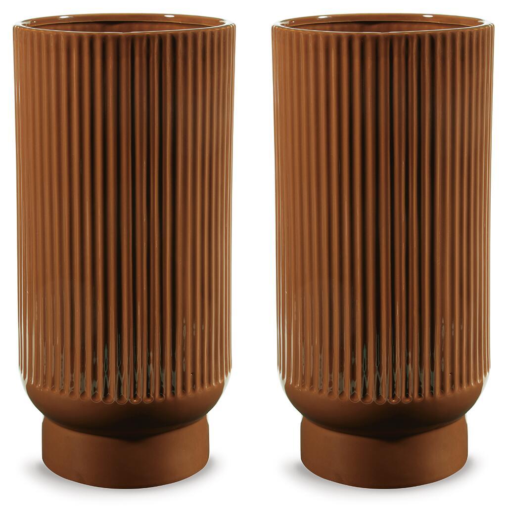 Pair of dark brown ribbed ceramic vases with rounded bases