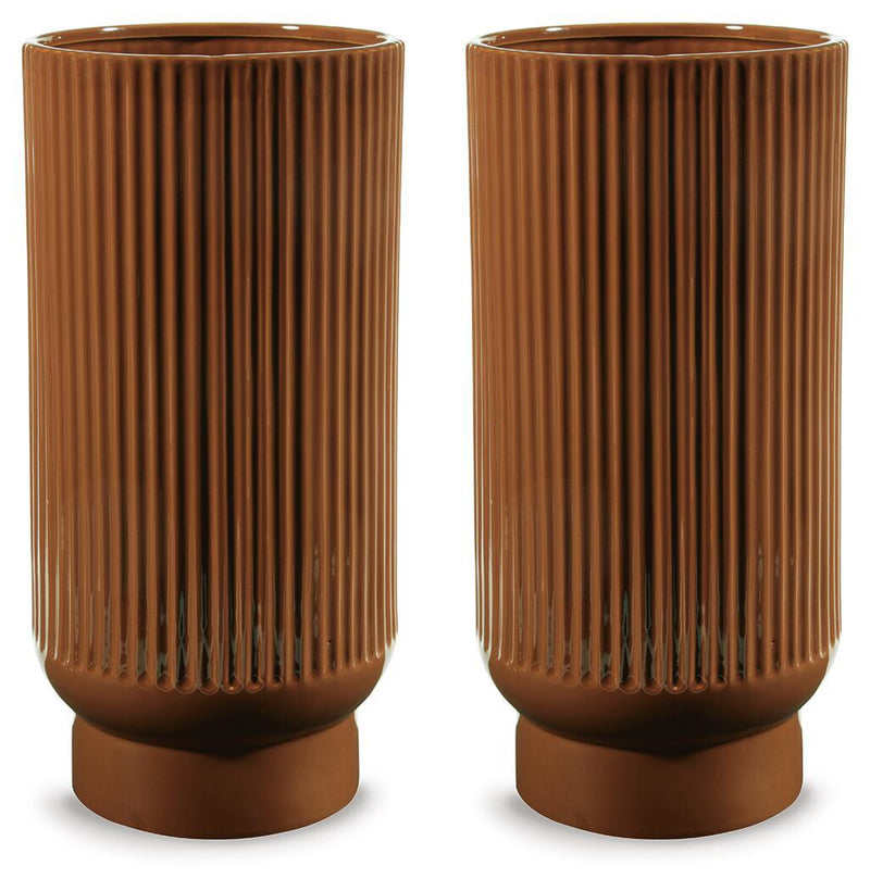 Pair of dark brown ribbed ceramic vases with rounded bases