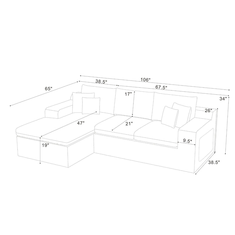 U-shaped sectional sofa dimensions diagram with chaise corner and seat measurements