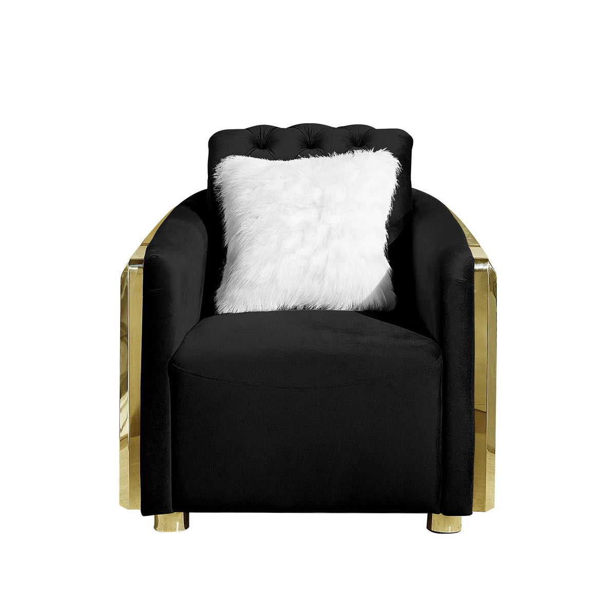 Black accent chair with button-tufted back, faux fur square pillow, gold trimmed arms