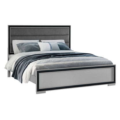 Gray upholstered bed frame with panel headboard and footboard, dark trim
