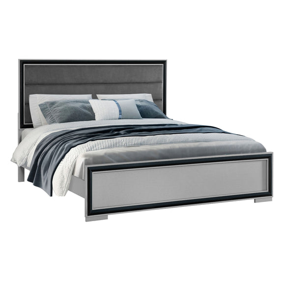 Gray upholstered bed frame with panel headboard and footboard, dark trim