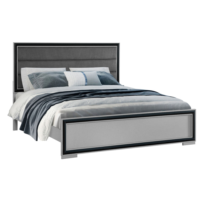Gray upholstered bed frame with panel headboard and footboard, dark trim