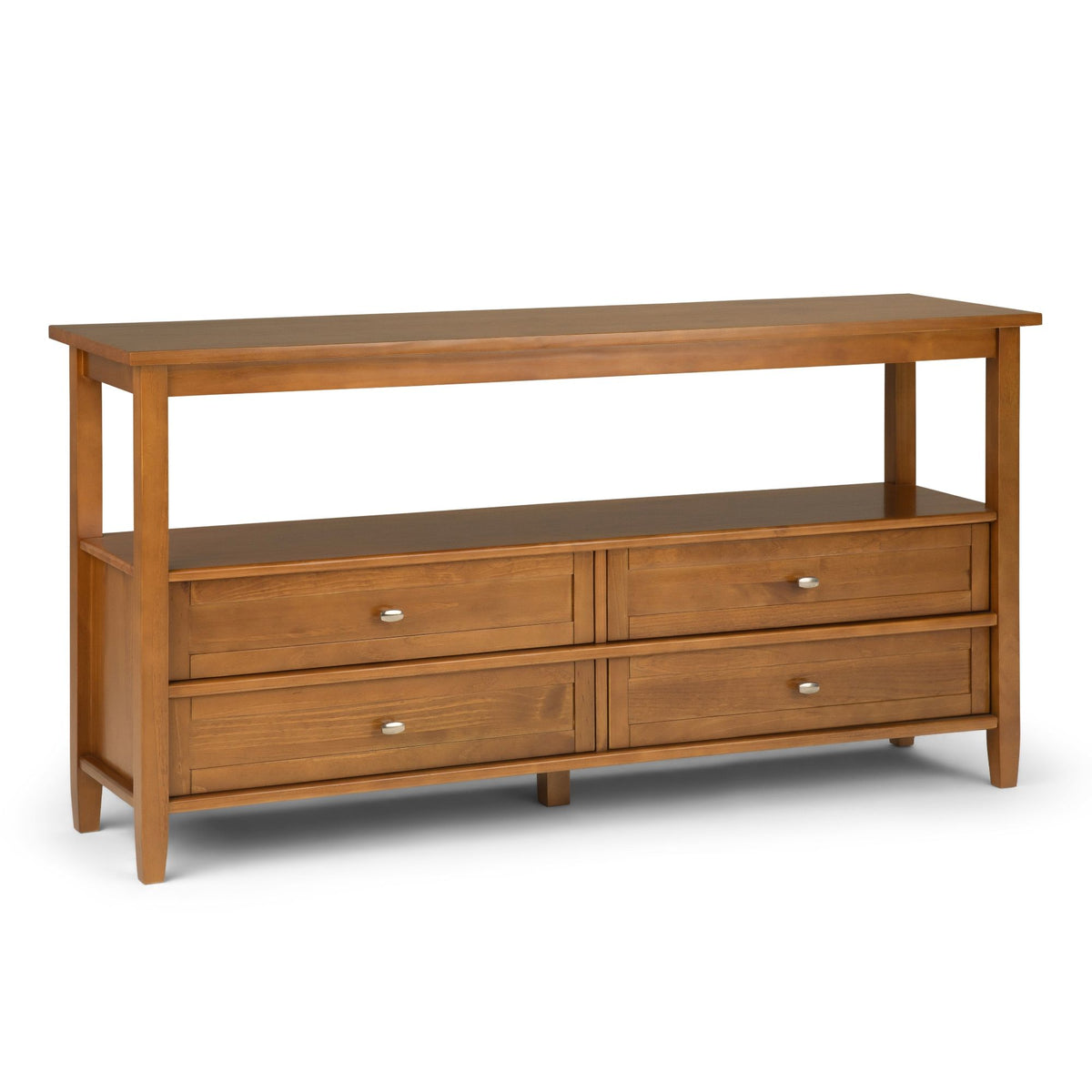 Light golden brown wood console sofa table with open shelf and four drawers