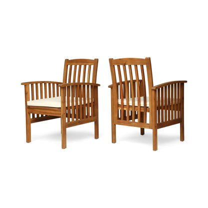 Pair of acacia dining chairs with slatted backrests and light seat cushions