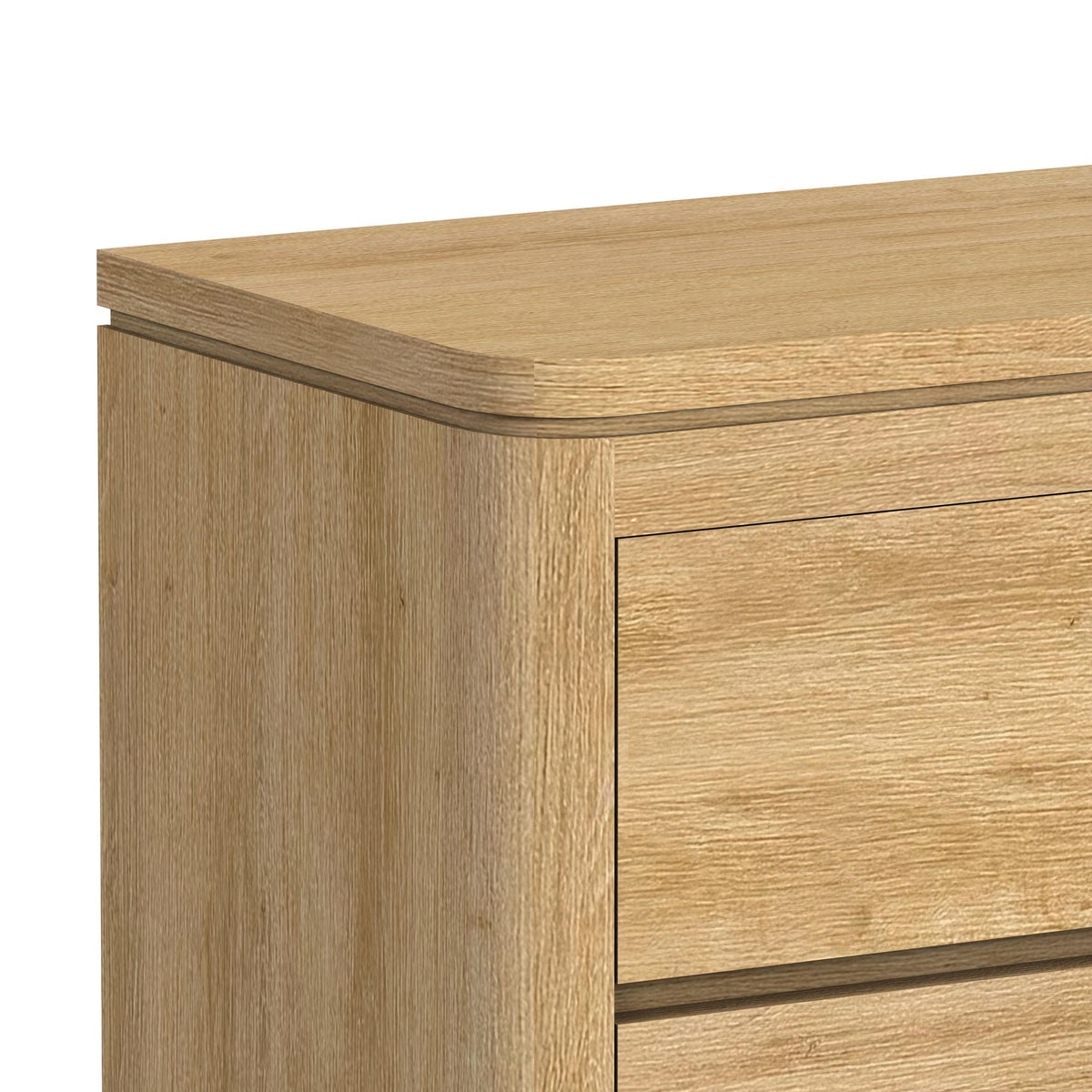 Rosalie accent chest in light brown, close-up of top and side panel edges.