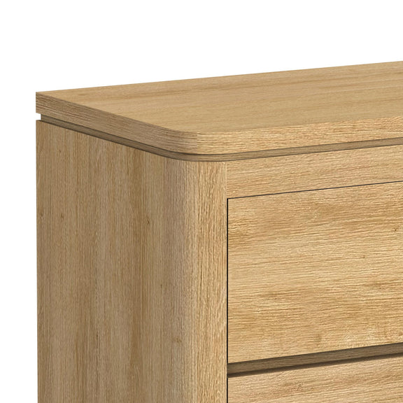 Rosalie accent chest in light brown, close-up of top and side panel edges.