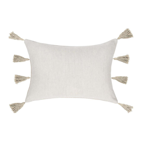 Natural 14x20 pillow cover in light fabric with corner tassel accents