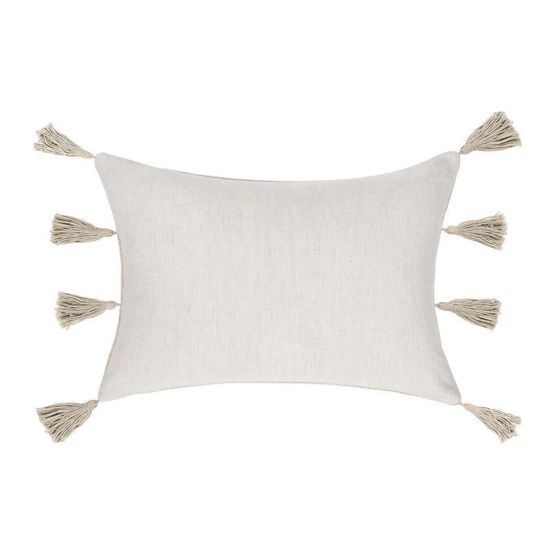 Natural 14x20 pillow cover in light fabric with corner tassel accents
