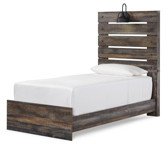 Drystan panel bed with dark wood platform frame and slatted headboard, includes posts