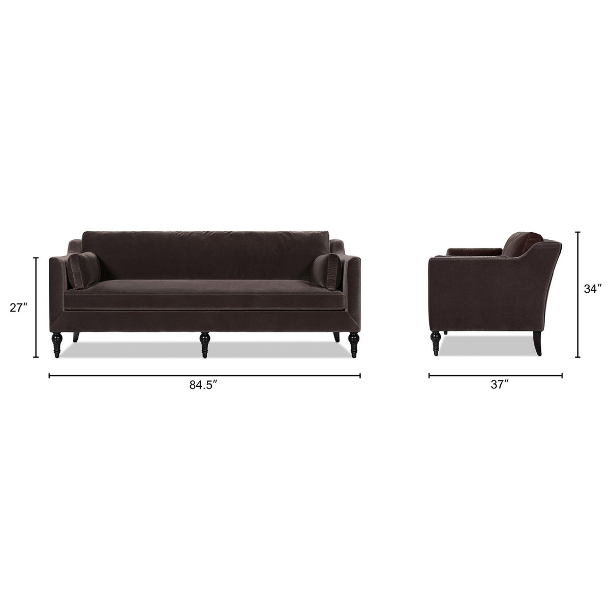 Dark brown upholstered modern sofa with matching armchair; includes front/side views and measurements