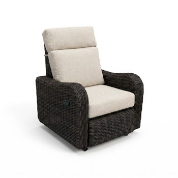 Mission Beach recliner with dark brown woven frame and beige cushions