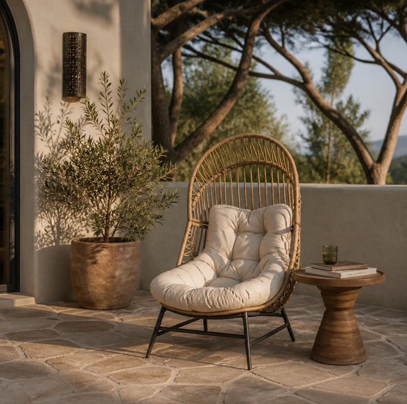 Light brown rattan lounge chair with beige cushion on outdoor patio