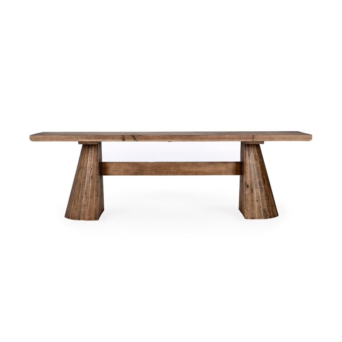Brown wooden counter table with slatted underside and two support legs