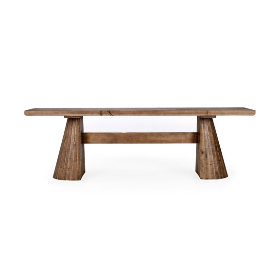 Brown wooden counter table with slatted underside and two support legs