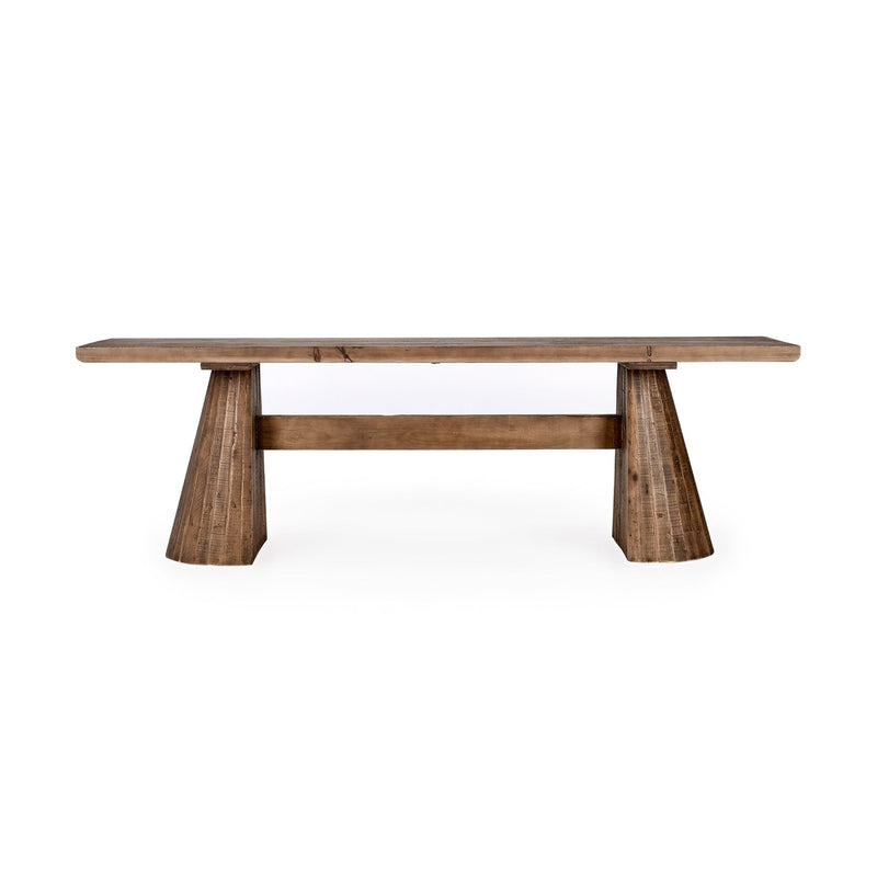 Brown wooden counter table with slatted underside and two support legs