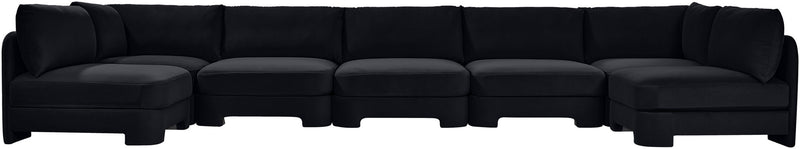 Black velvet U-shaped armless sectional sofa with tufted cushions