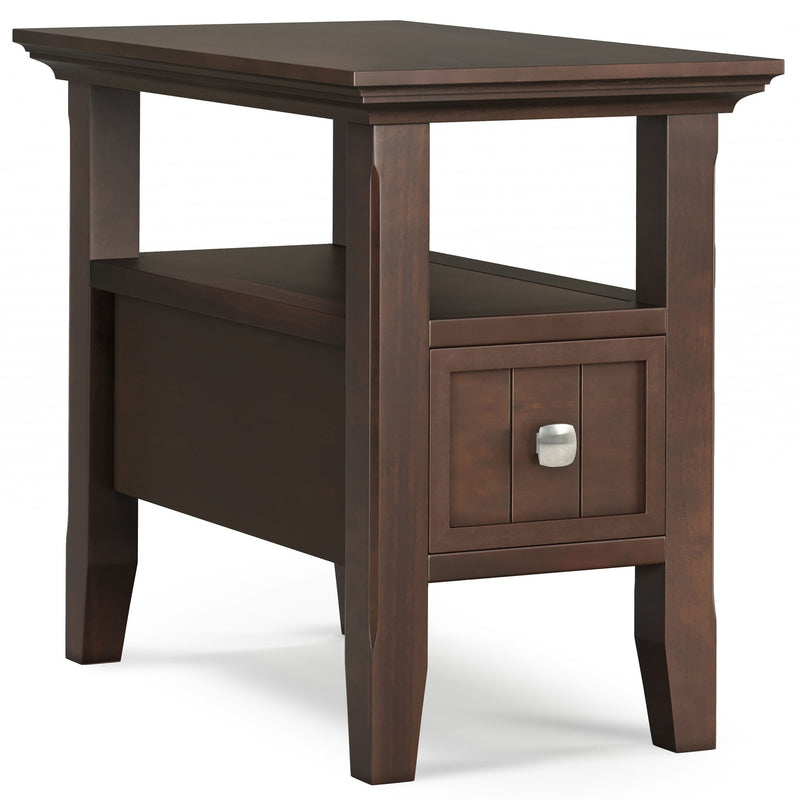 Brown narrow side table with a single drawer, open shelf, and four legs