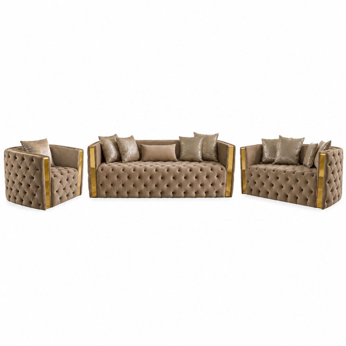 Naomi living room set, light brown tufted sofa with two matching armchairs and accent pillows
