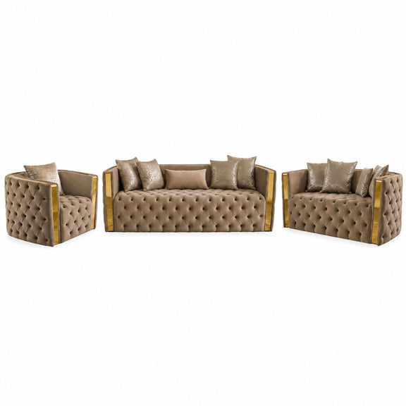 Naomi living room set, light brown tufted sofa with two matching armchairs and accent pillows