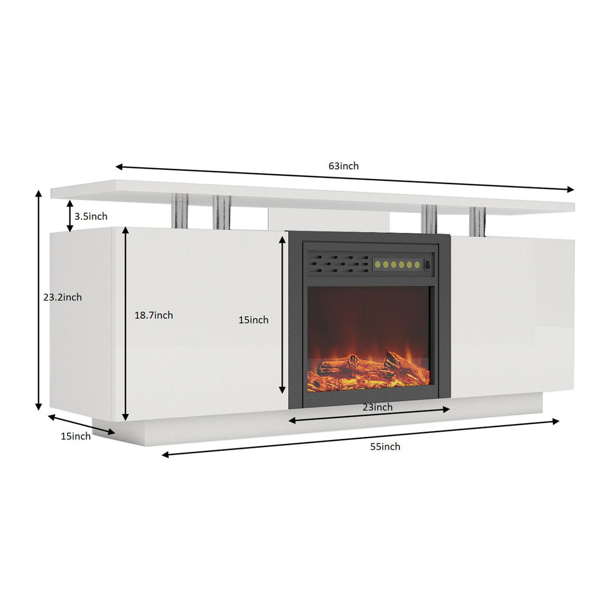 TV Cabinet, TV Unit With Fireplace, Have Heat And Flame Color Changes - White