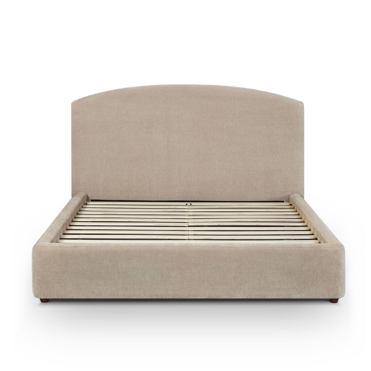Light brown upholstered bed frame with headboard and exposed wooden support slats