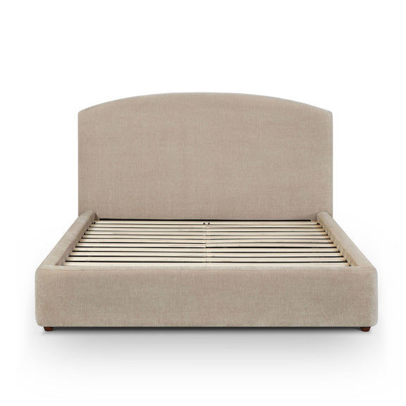 Light brown upholstered bed frame with headboard and exposed wooden support slats
