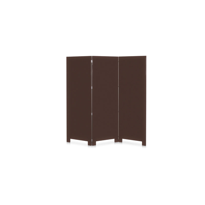 Three-panel folding room divider screen in dark brown with metal hinges