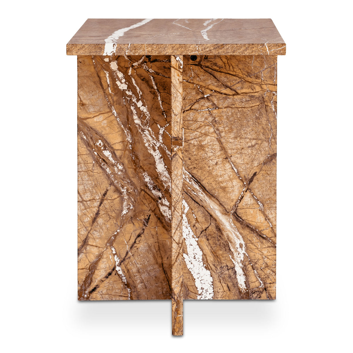 Golden accent table with marble-pattern top and tapered wooden legs