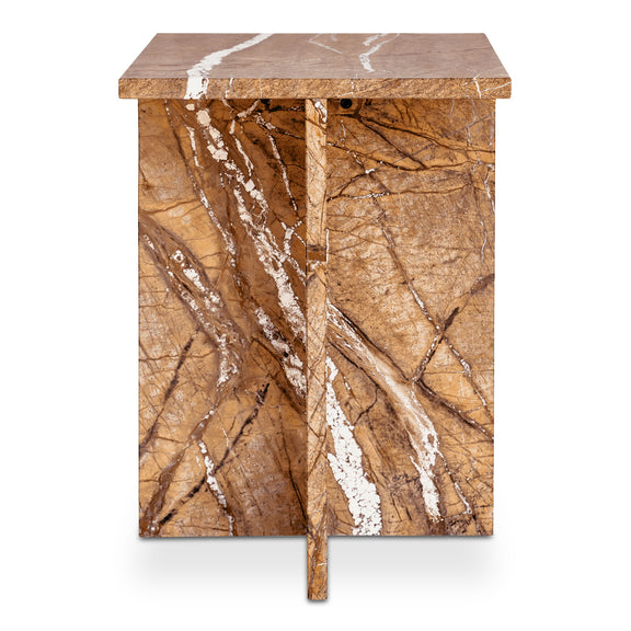 Golden accent table with marble-pattern top and tapered wooden legs