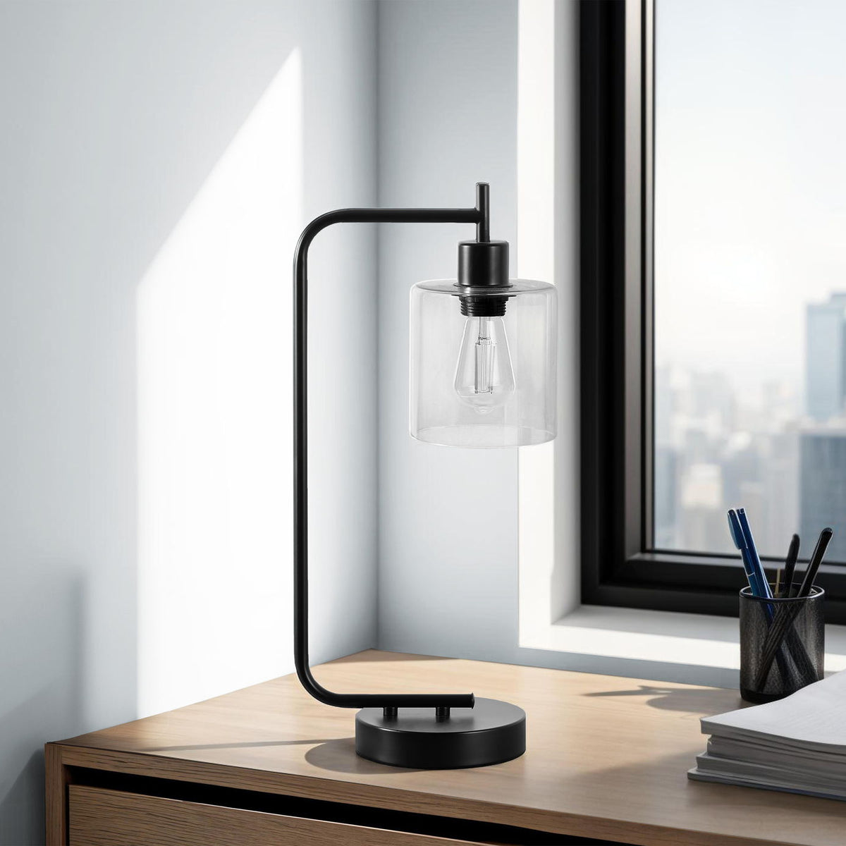 Lighting, Table Lamp, USB Port Included, Glass Shade, Modern - Black