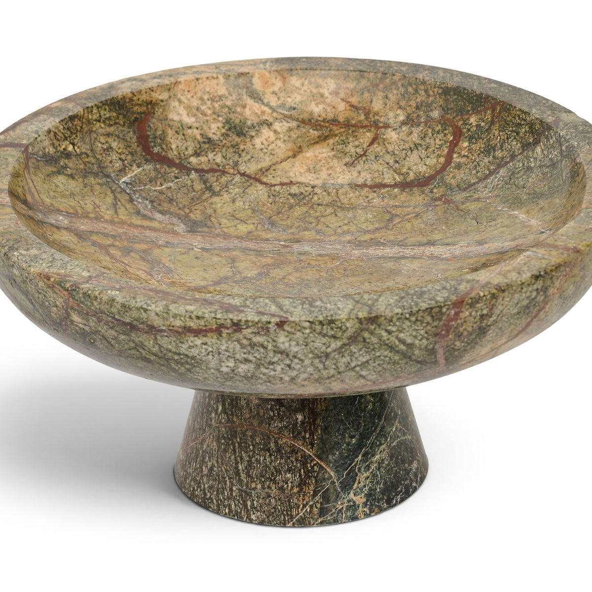 Simpson genuine marble bowl with a green, gold, and gray veined top and pedestal base