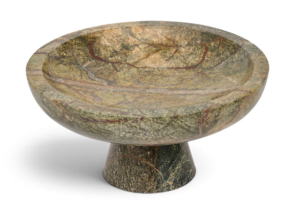 Simpson genuine marble bowl with a green, gold, and gray veined top and pedestal base