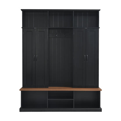 Black hall tree with bench, storage doors, and three top cubbies