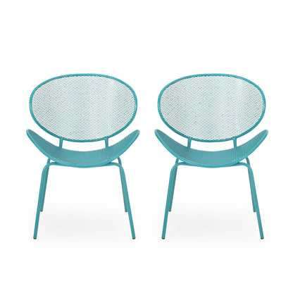 Light blue outdoor mesh chair set with rounded back and curved seat pan, two chairs