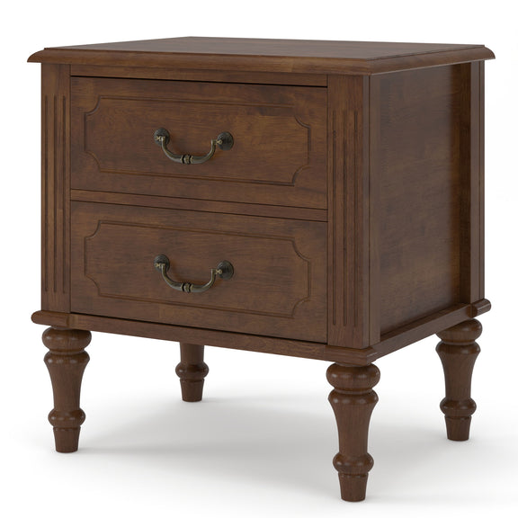 Walnut nightstand with two drawers, paneled sides, curved brass-toned pulls